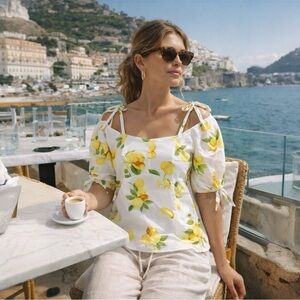 Saks Fifth Avenue Lemon Print Tie-Strap Rayon Top Size L